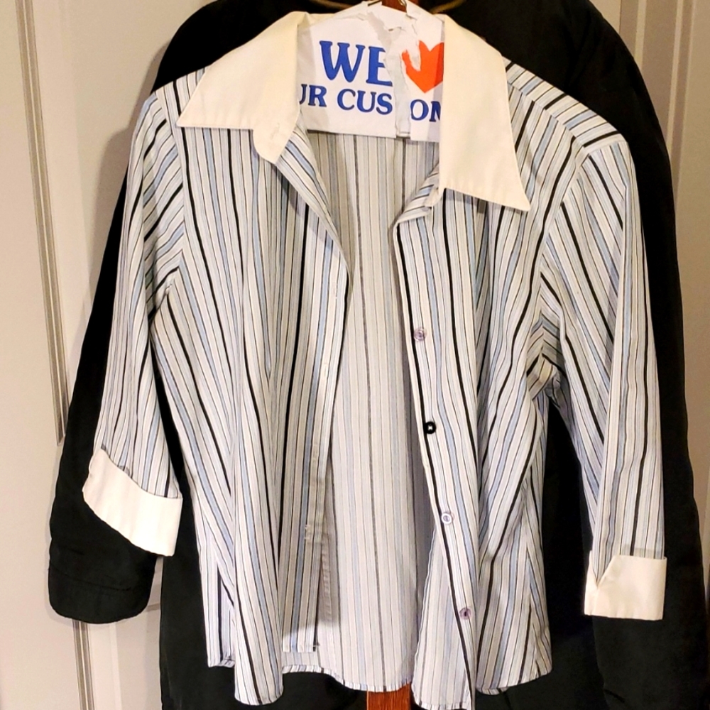 As is missing button blouse stripes baby blu black and white